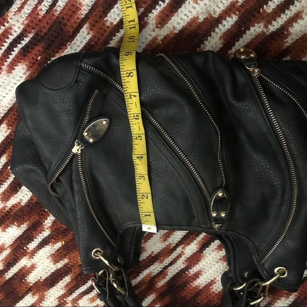 2000s Large Hobo Goth Biker Grunge Black Leather Shoulder Hand Bag Purse Zippers